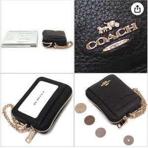 Authentic Coach Gold x Black Leather Zip Card Case Wallet